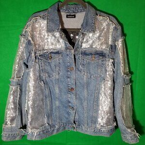 Bebe Jacket Silver Sequin Denim Distressed Frayed Size 8 Topshop Moto Y2K